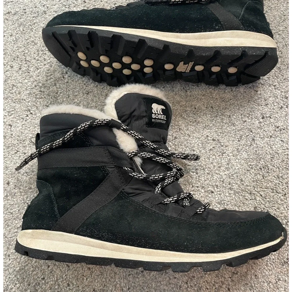 Sorel Women's Explorer Joan Waterproof Boots Sz 7.5 Suede Faux Fur Black Outdoor - Picture 5 of 16